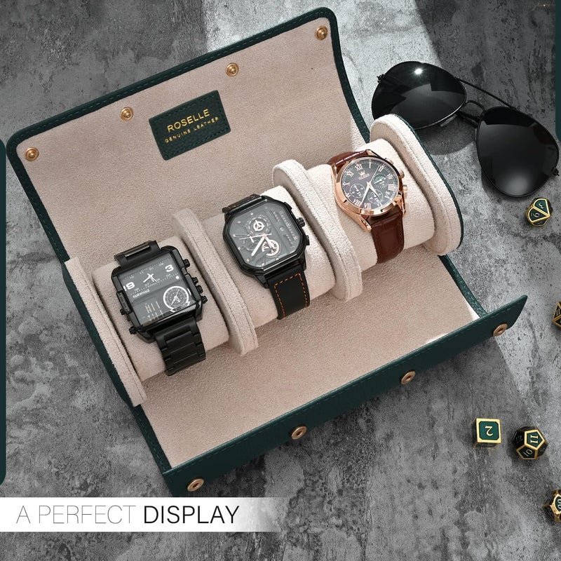 ROSELLE Genuine Leather Watch Roll Travel Case - Watch Roll Case For 3 Watches With Luxury Lining - Protect, Travel,Store, & Display Fine Watches (3 slot Green-Genuine Leather) - Image 3